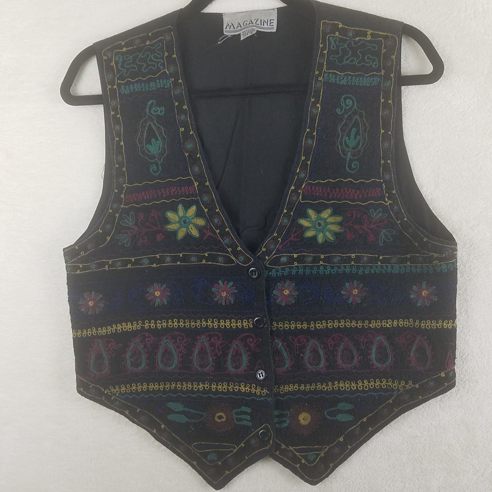 Magazine Vintage Black Embroidered Boho Vest Paisley Floral‎ Small Cottagecore
